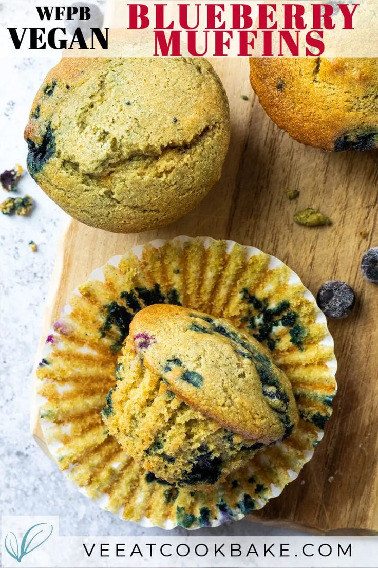 blueberry muffins on a cutting board with the words vegan written above them