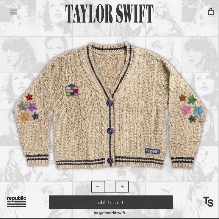 a cardigan sweater with patches on the front and back, featuring an image of taylor swift