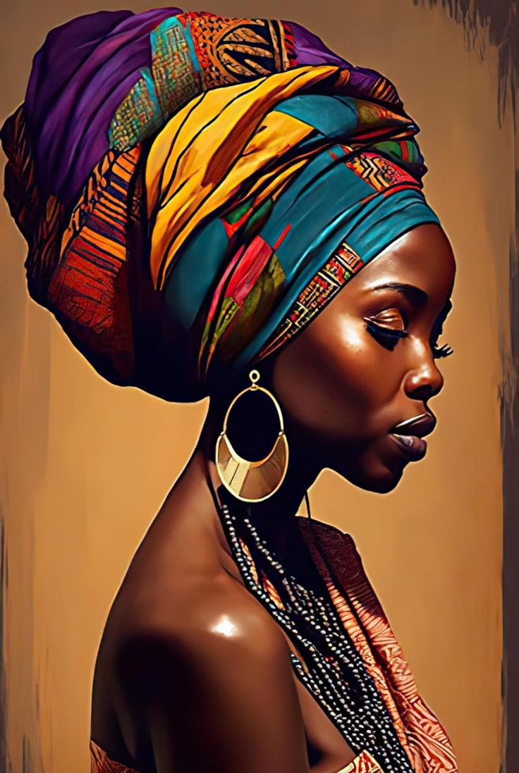 a painting of a woman wearing a colorful head scarf