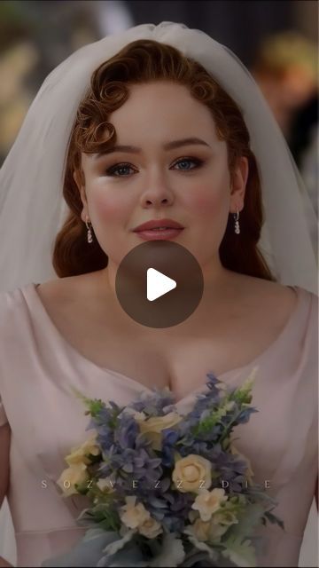 a woman in a wedding dress holding a bouquet and looking at the camera with an intense look on her face