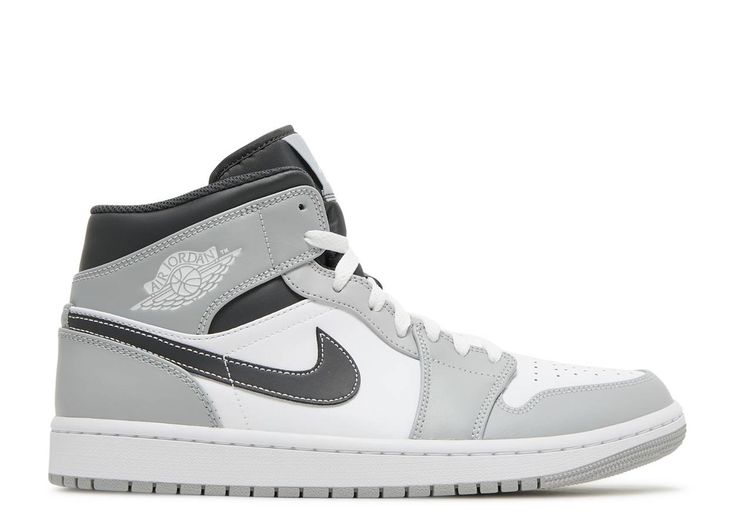 Air Jordan 1 Mid 'Light Smoke Grey' - Air Jordan - 554724 078 - light smoke grey/white/anthracite | Flight Club Jordan Model, Nike Air Jordan 1 Mid, Sneaker Games, Air Jordan 1 Mid, Jordan 1 Mid, Latest Shoes, Dream Shoes, Sneaker Collection, Wedge Sneaker