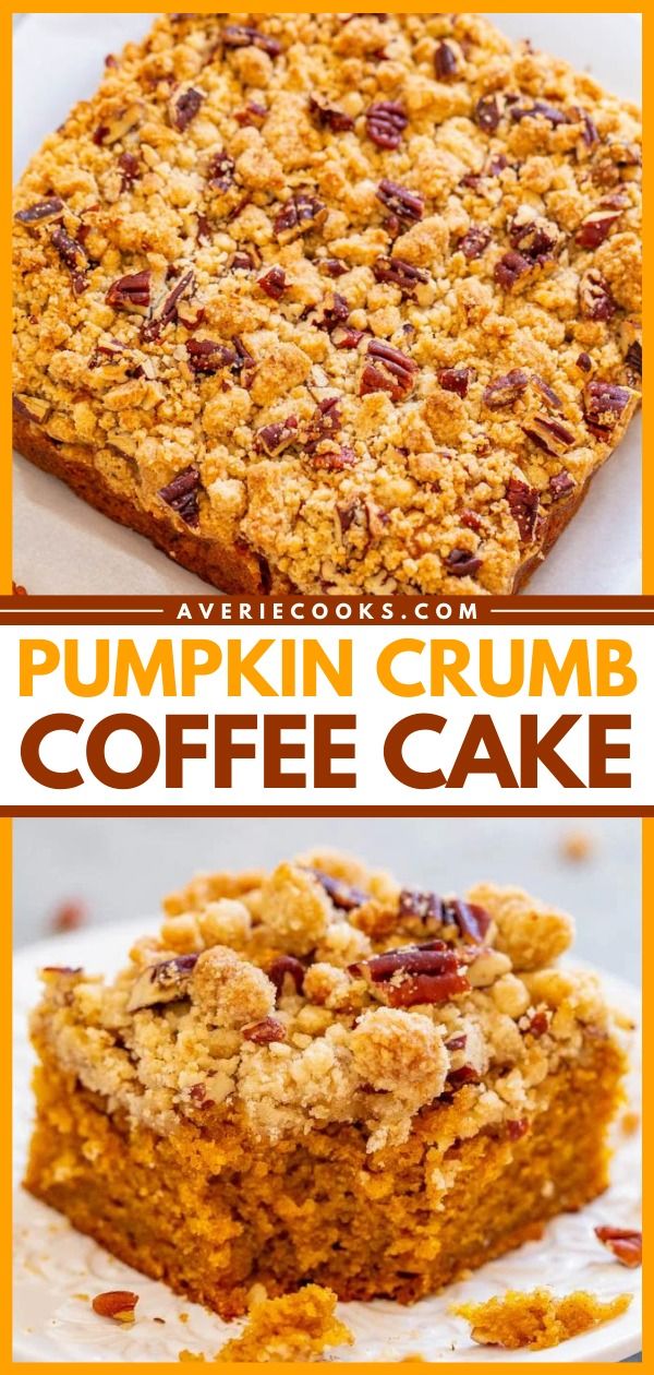 pumpkin crumb coffee cake on a plate with text overlay that says pumpkin crumb coffee cake