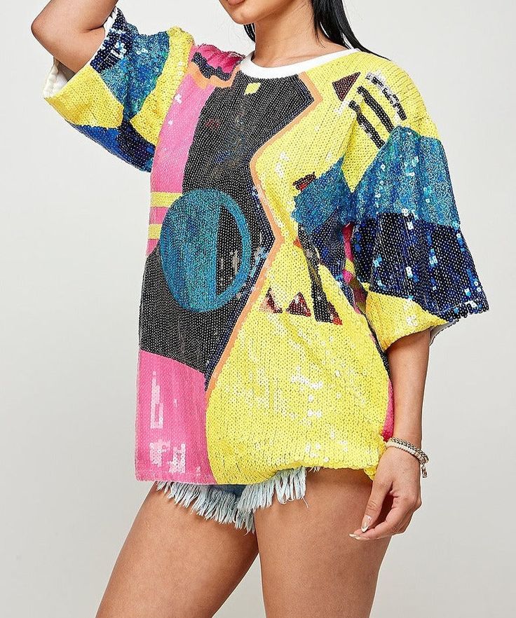 Multi color sequins top. Size: O/S Multicolor Rainbow Print Tops For Festivals, Multicolor Print Festival Tops, Luxury Multicolor Sequined Sets, Multicolor Sequined Sleeveless Top, Multicolor Sequined Crop Top, Sequins Top, Sequin Top, Kimono Top, Cover Up