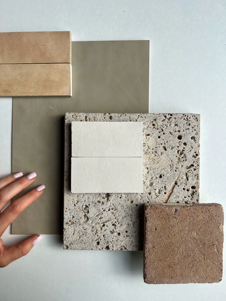 a person's hand next to different types of tile