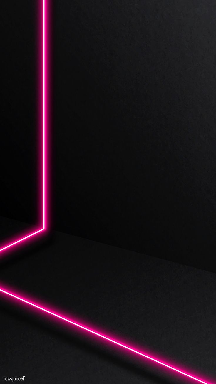 an empty room with pink neon lights in the corner and on the wall, there is a black floor