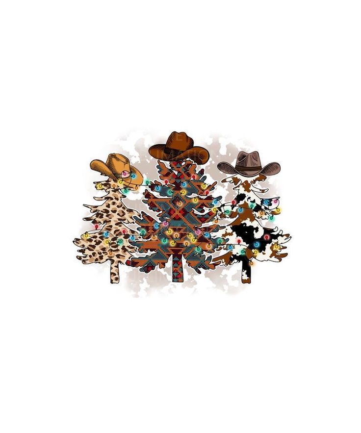 a christmas tree with cowboy hats and other holiday decorations on it's top, in front of a white background