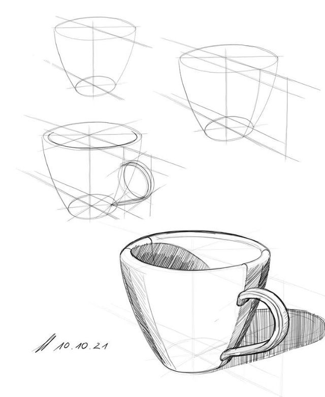 three coffee cups are shown with the same drawing technique as they appear to be drawn