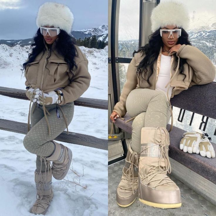 Aspen Vacation Outfits, Aspen Outfit Black Women, Laid Back Winter Outfits, Outfits For Gatlinburg Tn Winter, Snowtubing Outfit Black Women, Baddie Snow Outfits, Outfit Ideas For Colorado Winter, Outfits To Wear In The Snow, Moon Boots Ski Outfit