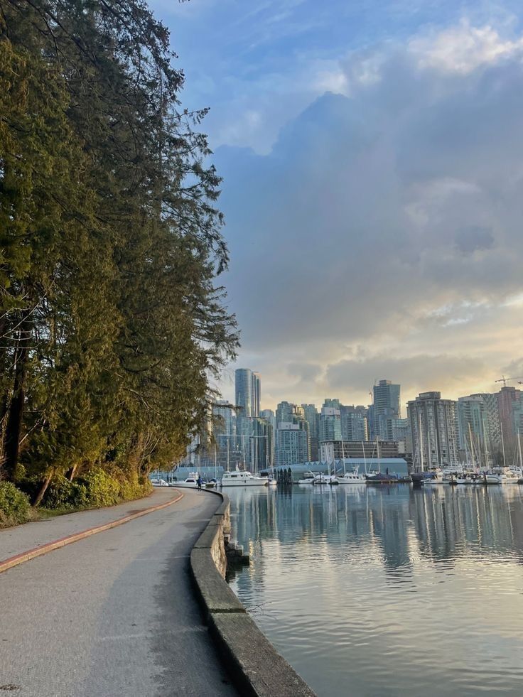 a view of the city from across the water with boats in the bay and trees on both sides