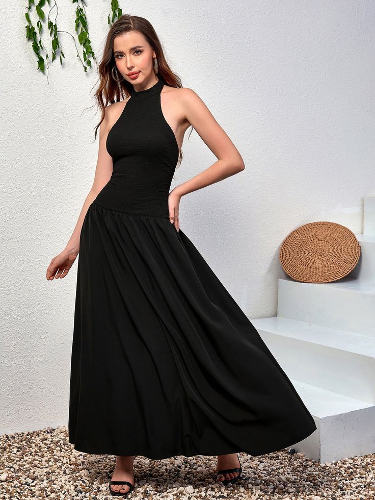 Shop Halter Backless Flared Hem Long Dress now at Partheafashion. You can also choose more fashion style. Solid Color Summer Evening Maxi Dress, Elegant Solid Color Backless Dress For Spring, Elegant Spring Backless Dress In Solid Color, Non-stretch Summer Evening Maxi Dress, Casual Summer Halter Dress For Evening, Fitted Halter Neck Maxi Dress In Solid Color, Solid Color Halter Neck Dress For Date Night, Halter Neck Solid Color Dress For Date Night, Halter Neck Dress For Date Night