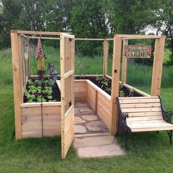 an outdoor garden area with benches and plants