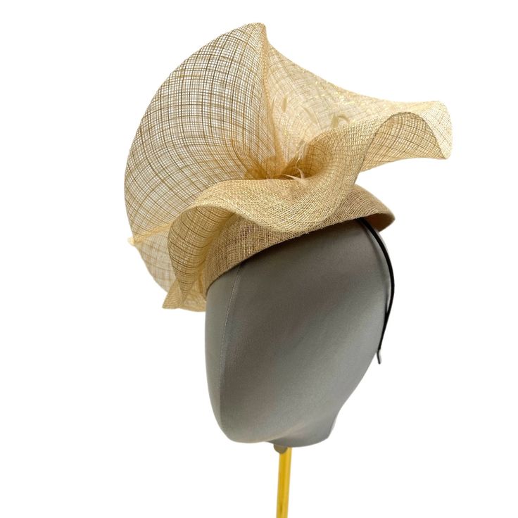 Adjustable Sinamay Boater Hat For Royal Ascot, Chic Structured Crown Fascinator For Church, Spring Adjustable Sinamay Fascinator, Adjustable Sinamay Straw Hat For Royal Ascot, Adjustable Top Hat For Summer Evenings, Spring Sinamay Fascinator, Gold Short Brim Summer Fascinator, Gold Short Brim Fascinator For Summer, Sinamay Fascinator Hat For Spring