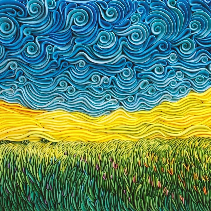 an abstract painting of green grass and blue sky with swirls in the background photo