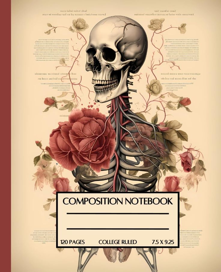 the composition notebook is designed to look like a skeleton with flowers on it's chest