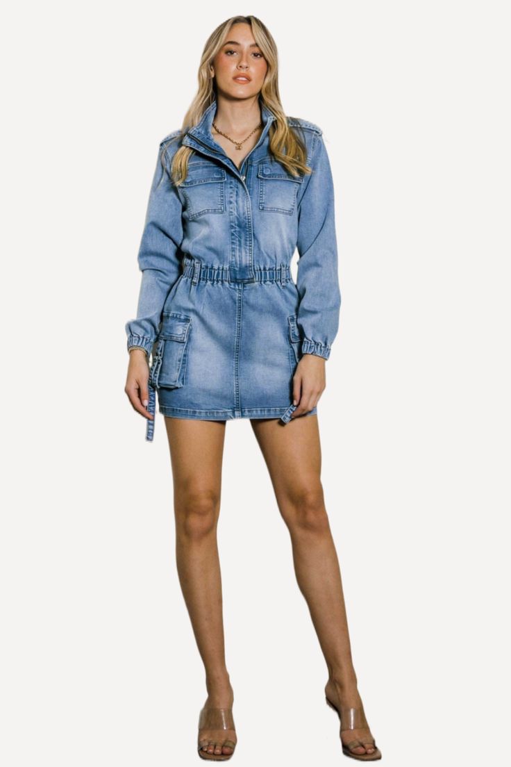 women mini denim dress, mini jean dress Jumpsuit And Cardigan, Curve Model, Jean Dress, Blue Jumpsuits, Stand Up Collar, Denim Mini Dress, Elastic Fabric, Denim Mini, Wide Leg Jumpsuit