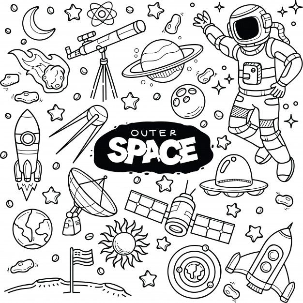 outer space coloring page with astronaut and rockets in the sky, stars and planets around