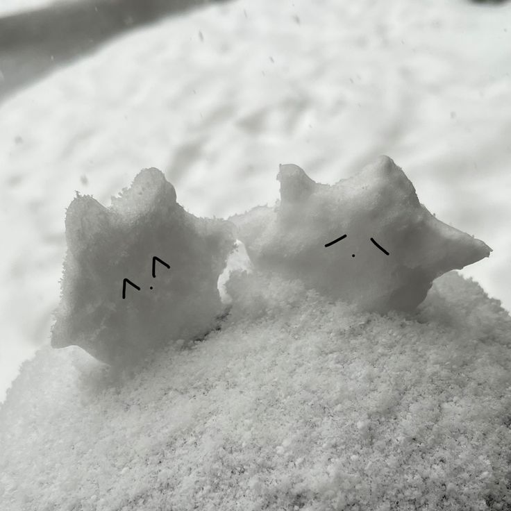 two snowmen with faces drawn on them laying in the snow, looking at each other