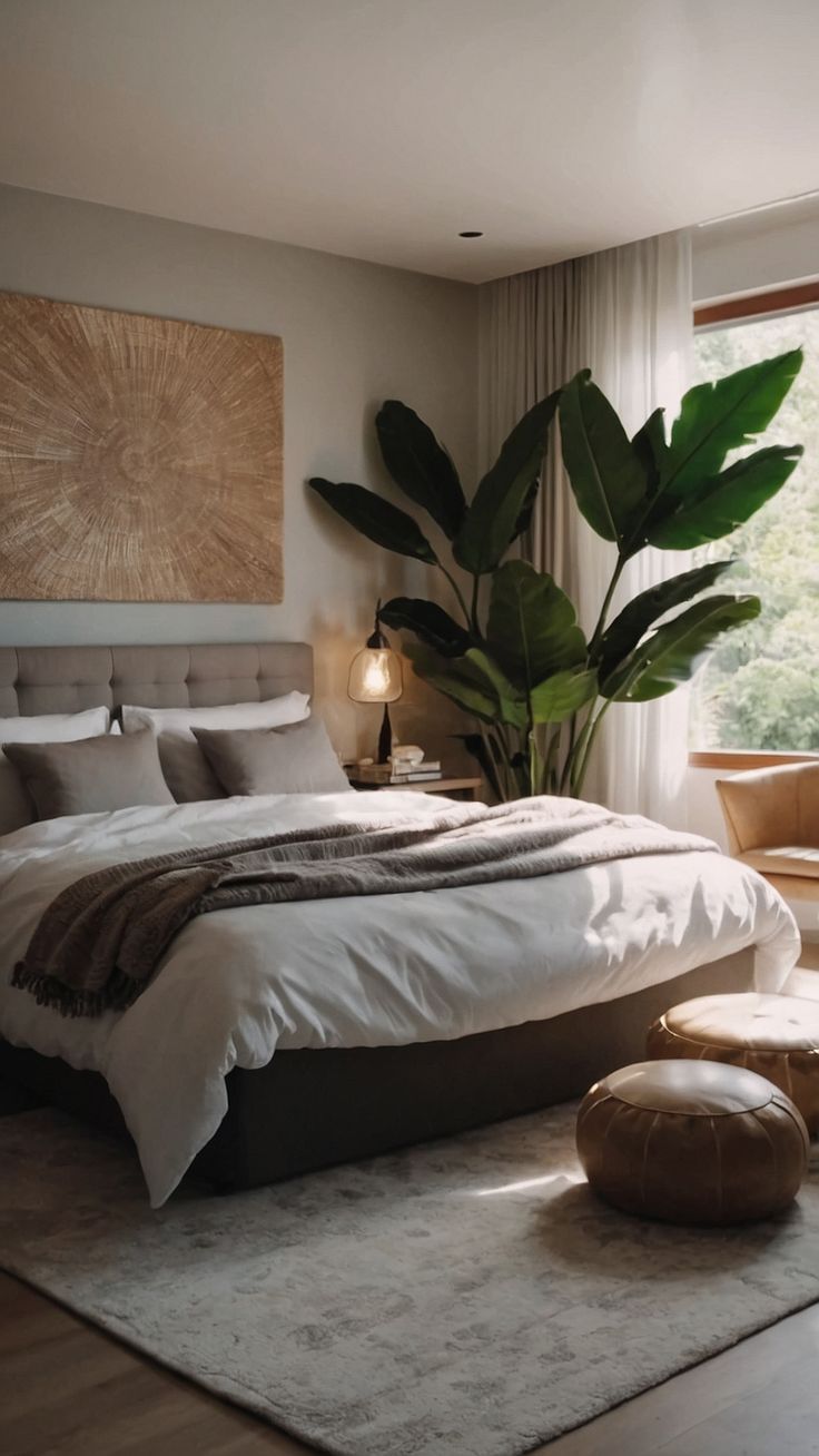 a bedroom with a large bed and plant in the corner