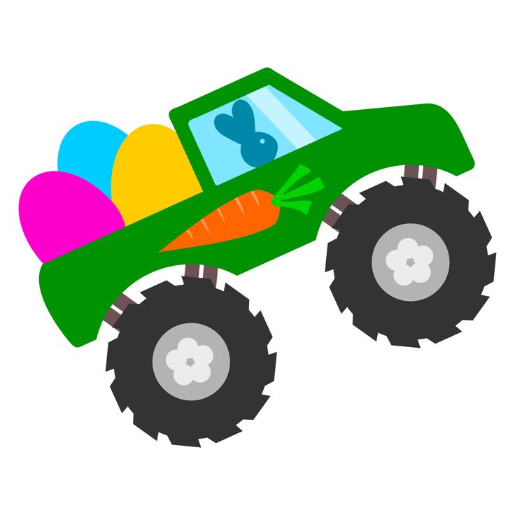 a green monster truck with easter eggs in it's back wheels and an egg on the front