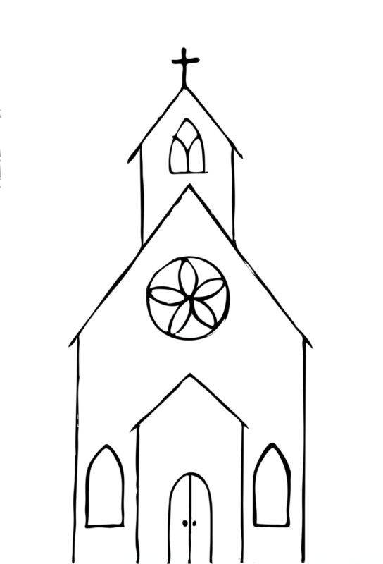 a drawing of a church with a cross on the top and a window above it