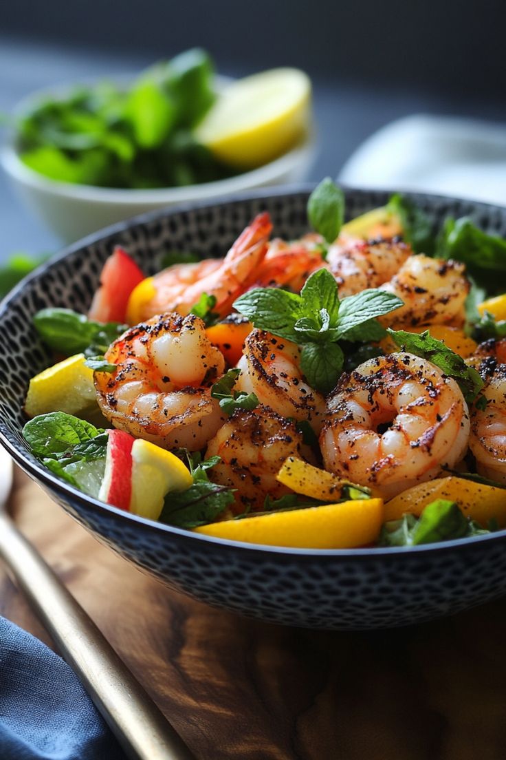 Grilled shrimp salad with lemon and fresh greens. Shrimp Meal Ideas, Healthy Shrimp Dinner, Shrimp Dinner Ideas, Shrimp Dinners, Shrimp Pasta Dishes, Shrimp Meals, Shrimp Pesto Pasta, Pesto Shrimp, Grilled Shrimp Skewers