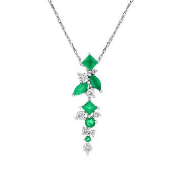 Ross-Simons - .70ct t. w. Emerald, .29ct t. w. Diamond Pendant Necklace. 16". Experience the elegance of emeralds with this opulent necklace. Gorgeous multi-shaped emeralds totaling .70 carats create a fabulous cascade of sparkle alongside .29 ct. t. w. round brilliant-cut diamonds. Set in polished 14kt white gold and suspended from a chain with a 2" extender. Lobster clasp, diamond and emerald pendant necklace. Emerald birthstones are the perfect gift for May birthdays. Emerald Diamond Necklace For Formal Occasions, Green Diamond Necklace In Fine Jewelry Style, Fine Jewelry Emerald Diamond Necklace For May Birthstone, Emerald Necklace With Diamond Accents Fine Jewelry, Accessory Illustration, Emerald Diamond Pendant, Emerald Pendant Necklace, Emerald Green Necklace, Emerald Necklace Pendant