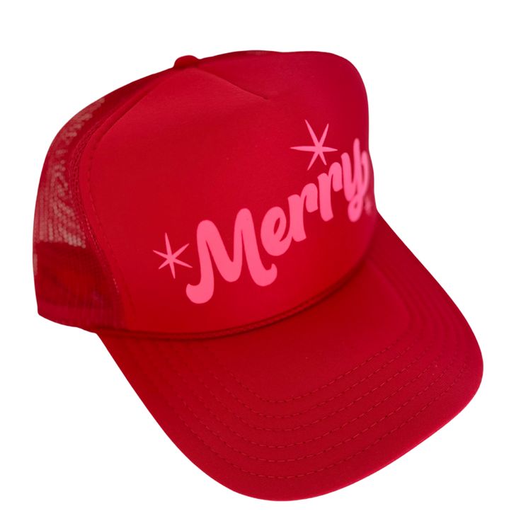 Merry Trucker Hat Spreading the Holiday Cheer! This his or hers trucker is part of our Holiday Collection. Cute and perfect for all your Holiday events. So light, medium profile and a perfect addition to your growing hat collection. 5 Panel Foam Mesh Back Trucker, Pro Style Adult Sizing 100% Poly Foam Front, 100% Nylon Back Fun Red Snapback Trucker Hat, Fun Red Trucker Hat, Fun Red Adjustable Trucker Hat, Red Adjustable Fun Trucker Hat, Fun Red Snapback Baseball Cap, Red Baseball Cap Gift, Red Baseball Cap For Gift, Red Baseball Cap As Gift, Fun Red Snapback Hat With Curved Brim