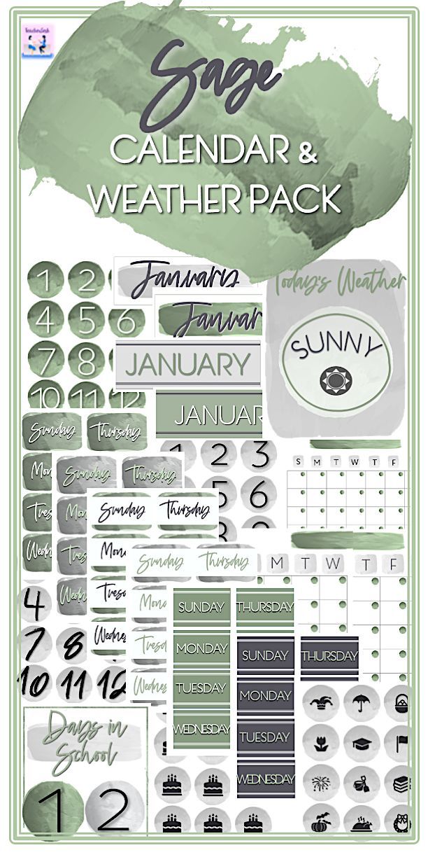 the calendar and weather pack is shown with green watercolors on white paper, including numbers