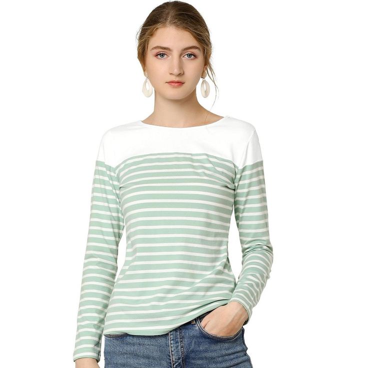 This contrast stripe T-shirt is a classic style for daily life. This piece is contrasted with a color block to fulfill your style statement from a boring all-over stripe top. It's cut from soft fabric that makes you feel comfortable day to night. These casual striped t-shirts match jeans, pants, skirts, or leggings freely, and they are perfect for daily wearing. Spring Cotton T-shirt With Striped Sleeves, Casual Striped Top With Contrast Color, Casual Striped Top With Contrast Colors, Cotton Striped Top With Contrast Color, Striped Cotton Tops With Contrast Color, White Long Sleeve Top With Striped Hem, Trendy White Tops With Striped Hem, Trendy White Tops With Contrast Stripes, Trendy White Tops With Striped Sleeves