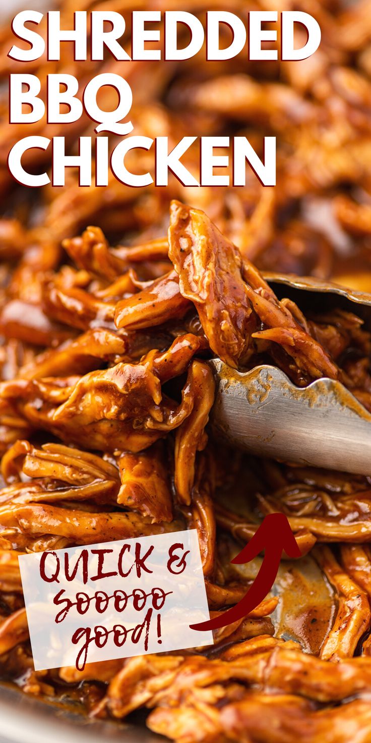 shredded bbq chicken in a bowl with a fork and sign that says shredded bbq chicken