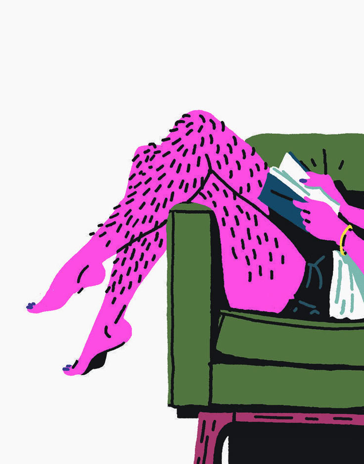 a drawing of a woman sitting in a chair with her feet up on the couch