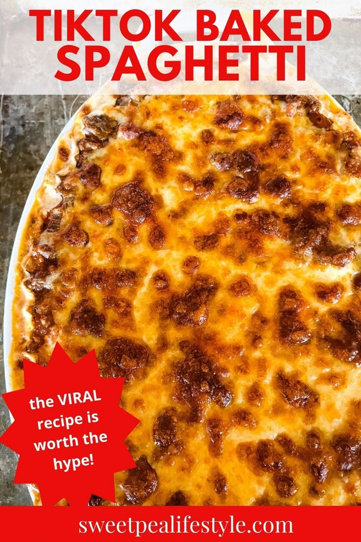 This picture shows a baking dish full of TikTok Spaghetti Bake, with melted golden brown mozzarella cheese on top. Best Spaghetti Bake Recipe, Baked Spaghetti Recipes Easy, Baked Spaghetti For One, Twist On Spaghetti, Simple Recipes With Spaghetti Noodles, Baked Spaghetti Alfredo Recipe, Spaghetti Without Noodles, Recipes With Spaghetti Sauce Dinners, Baked Spaghetti Recipe Vegetarian