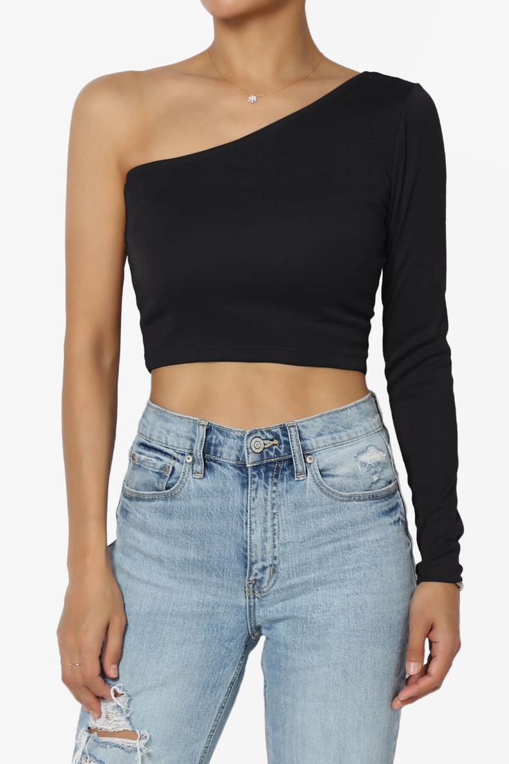 Elevate your casual style with the Basic One Shoulder Long Sleeve Tee.This slim fit crop top features a trendy one-shoulder design, adding a touch of sophistication to your outfit.The long sleeves provide versatility and can be worn year-round.Pair it with high-waisted jeans or a skirt for a chic and fashionable look. Stay comfortable and stylish with this must-have crop top in your wardrobe.Material: Women basic tee crop top made of polyester fiber. Soft, breathable, lightweight, skin friendly, One Shoulder Crop Top Outfit, One Shoulder Top Outfit Casual, Cute Crop Tops For Teens, Black Crop Top Outfit, One Shoulder Long Sleeve Top, Shoulder Tops Outfit, Summer Wedding Gowns, One Sleeve Top, Airport Fit