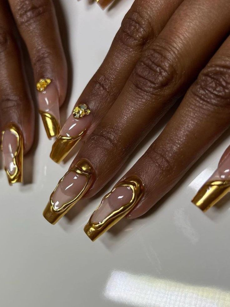 Daniel Caesar Inspired Nails, Red And Gold Acrylics, Pearl And Gold Nails, Gold And Pearl Nails, Gold Pearl Nails, Gold 3d Nails, Yellow Gold Nails, Gold Red Nails, Gold Bling Acrylic Nails