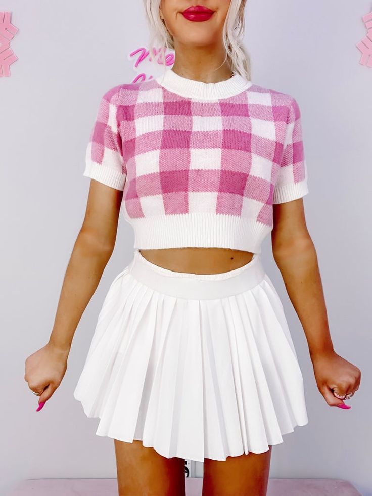 Giselle Pink Plaid Sweater | Sassy Shortcake Giselle Pink, Gingham Sweater, Sparkle Romper, Sassy Shortcake, Preppy Tops, Fancy Fits, Patriotic Dresses, Pink Iridescent, School Dropout