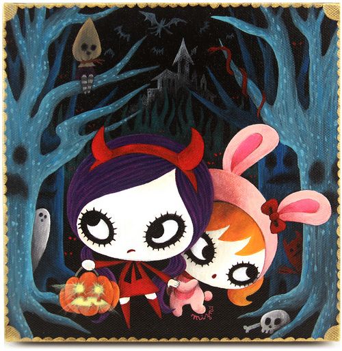 an image of two cartoon characters holding pumpkins in front of some trees and skulls