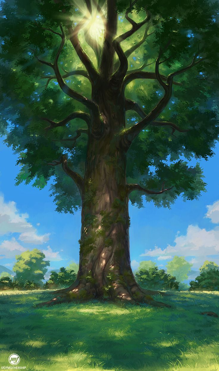 a painting of a large tree in the middle of a field