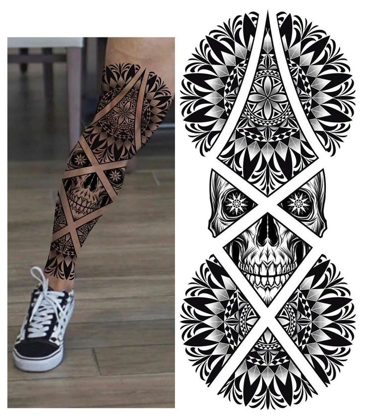 a woman's leg with tattoos on it and an image of a skull in the middle