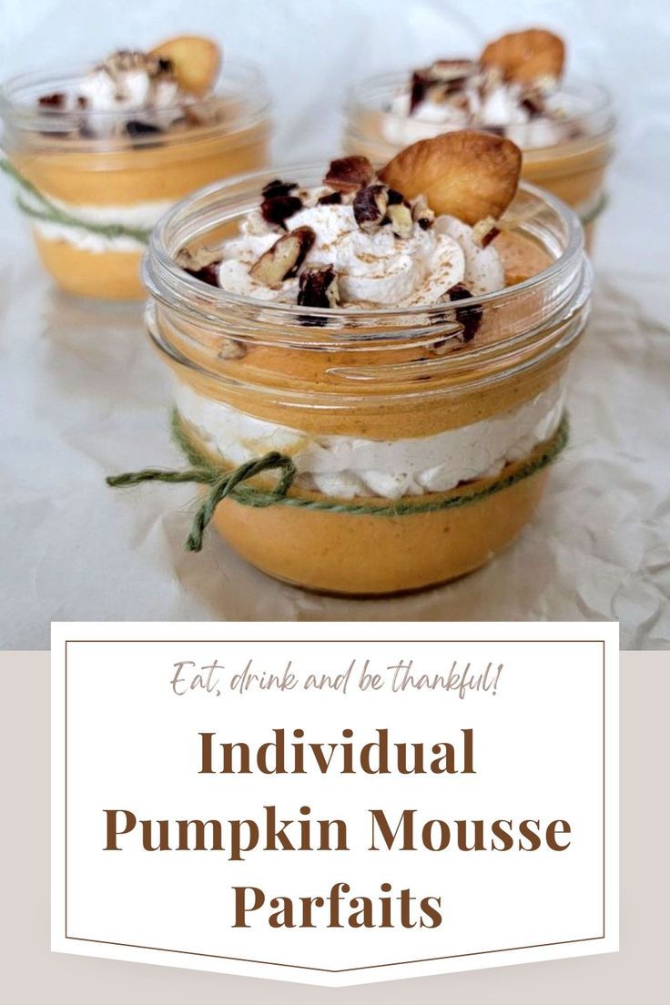 three individual pumpkin cream parfaits Pumpkin Mousse Cups, Pumpkin Moose Parfait, Pumpkin Cream Cheese Mousse, Pumpkin Parfait Desserts, Pumpkin Mousse Parfait, Pumpkin Moose, Pumpkin Chiffon, Pumpkin Parfait, Spiced Whipped Cream