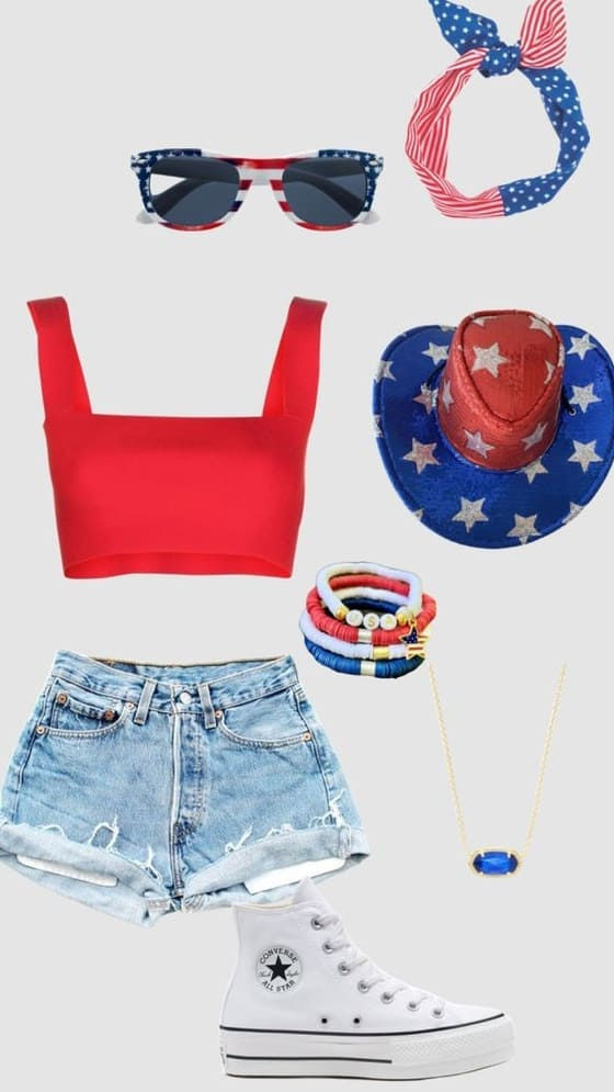 4th of July outfit: casual red crop top and denim shorts Cute 4 Of July Outfits, Red White And Blue Outfits Aesthetic, Memorial Day Outfit Ideas, Fourth Of July Outfits 2023, 4th Of July Fits Preppy, Red White And Blue Concert Outfit, 4th Of July Preppy Outfit, Aesthetic Fourth Of July Outfits, 4th Of July Fits Aesthetic