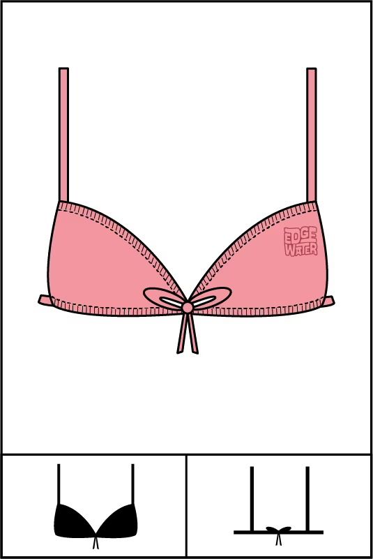 a pink bra with an attached bow on the front and bottom, shown in three different sizes