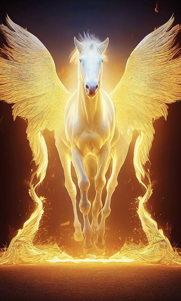 a white horse with wings on its back in front of a black background and yellow light