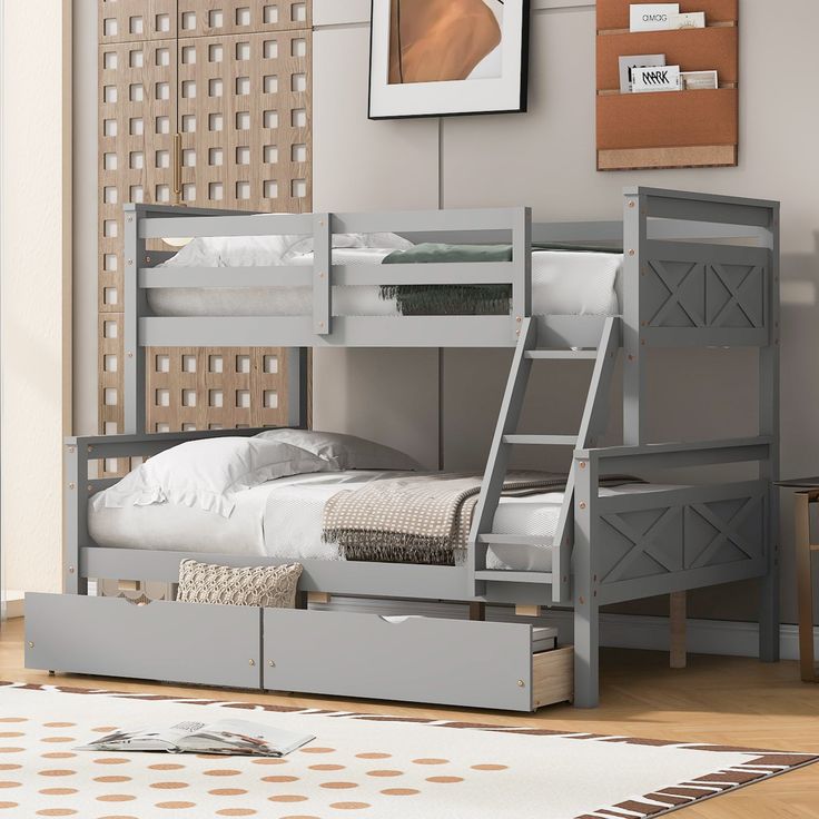 a bunk bed with two sets of drawers underneath it in a room that has a rug on the floor