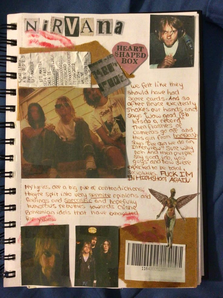 an open notebook with pictures and text on it, including images from nirvana's album