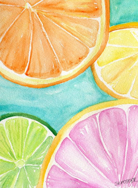 an image of citrus fruit slices painted in pastel pencil and watercolor on paper