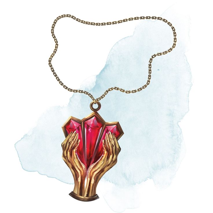 a necklace with two hands holding a red object on it's gold plated chain