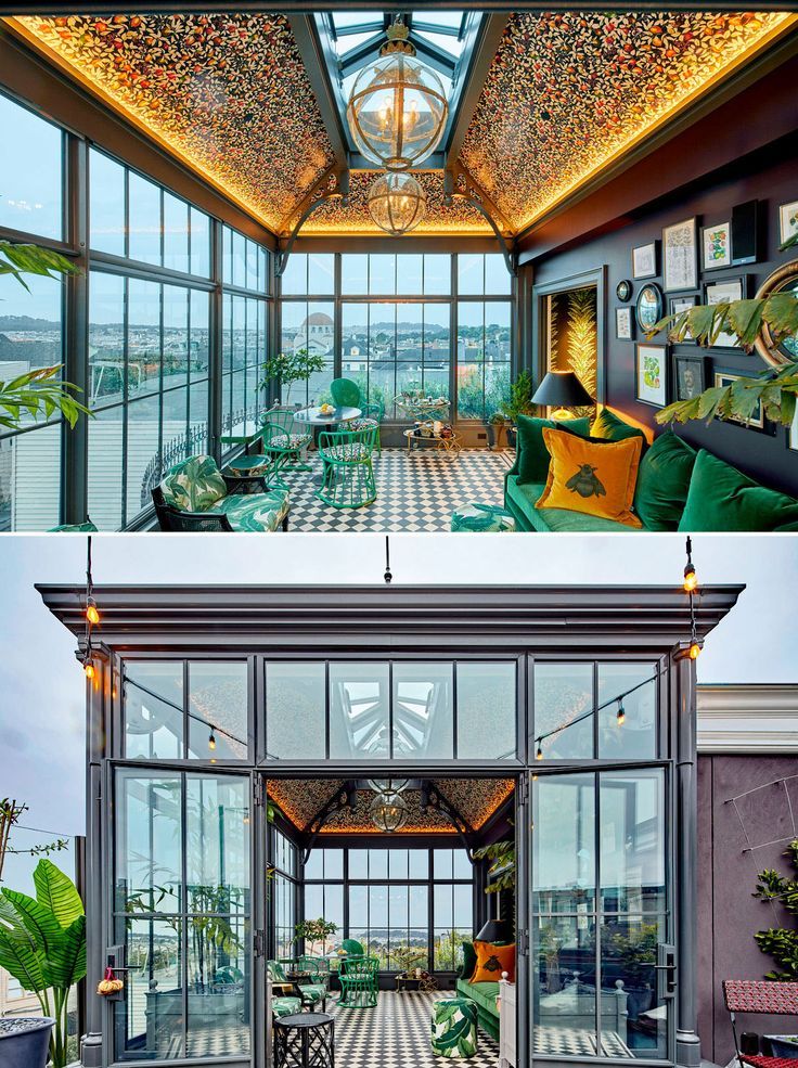 the inside and outside of a house with lots of glass doors on each side of it