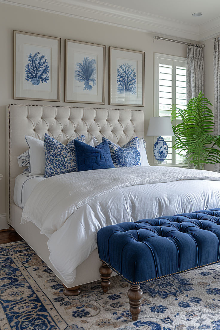 preppy costal bedroom, beachy bedroom, ocean-themed bedroom, bedroom inspo, blue white bedroom Costal Bedroom, Blue Room Decor, Blue And White Decor, Ocean Themed Bedroom, Blue Bedroom Decor, Coastal Room, Blue Rooms, Room Makeover Bedroom, Bedroom Green