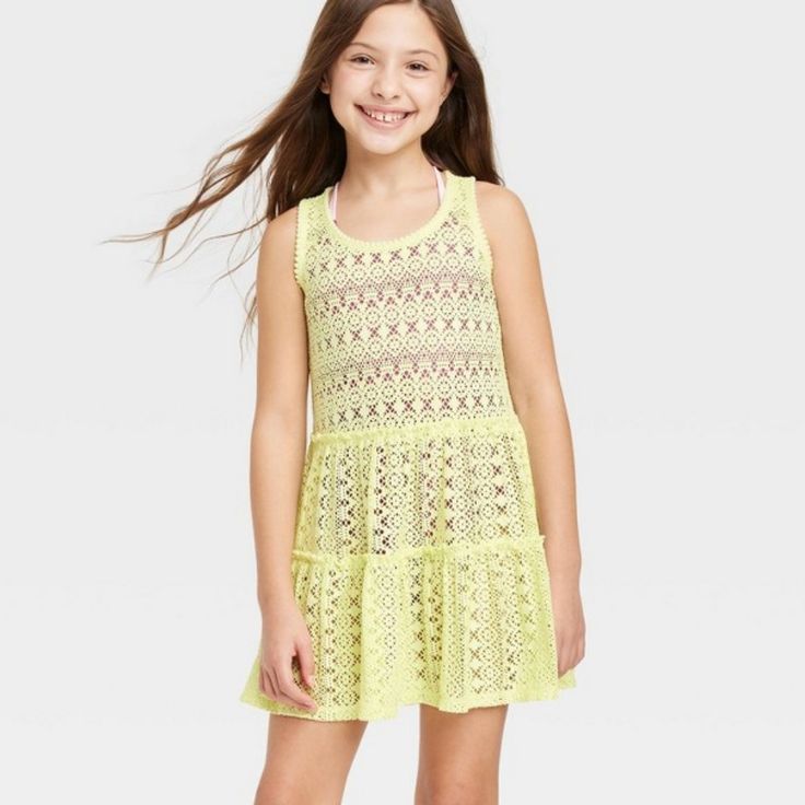 Girls' Solid Crochet Swimsuit Cover Up Dress - Cat & Jack Yellow #44-L Cute Fitted Sleeveless Crochet Dress, Fitted Sleeveless Crochet Dress In Cute Style, Cute Crochet Beach Dress For Summer, Cute Crochet Dress For Beach In Summer, Cute Crochet Dress For Summer Beach, Crochet Swimsuit Cover, Crochet Swimsuit, Swimsuit Cover Up Dress, Kids Swimming