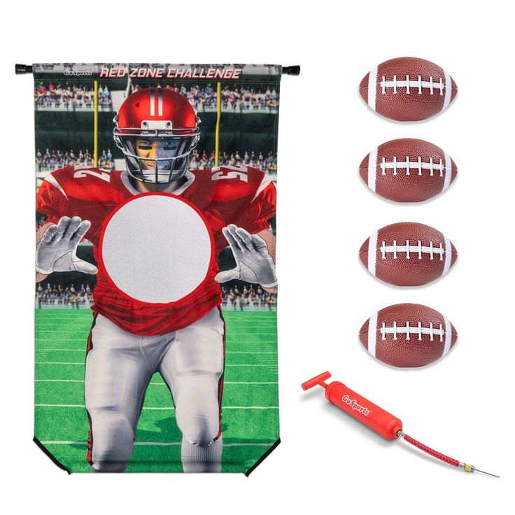 three footballs and a banner with the image of a football player in red on it